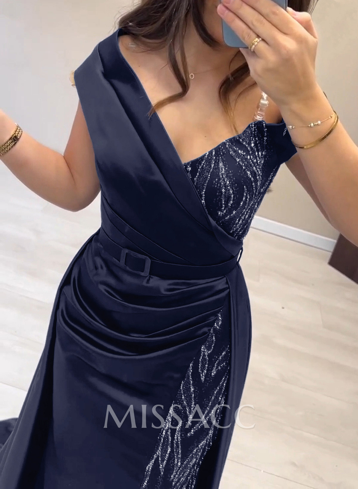 Elegant Off-The-Shoulder Split Front Sweep Train Lace Acetate Satin Evening Dresses Elegant Off-The-Shoulder Split Front Sweep Train Lace Acetate Satin Evening Dresses