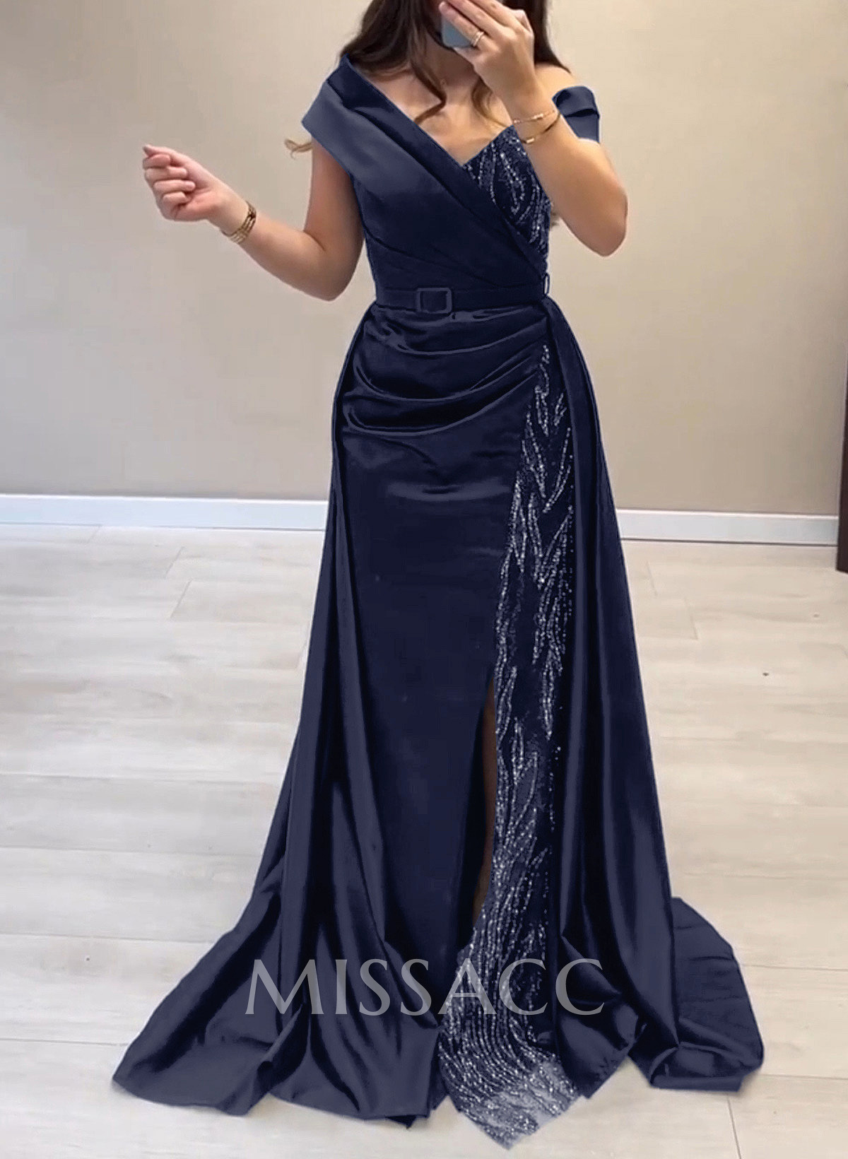 Elegant Off-The-Shoulder Split Front Sweep Train Lace Acetate Satin Evening Dresses Elegant Off-The-Shoulder Split Front Sweep Train Lace Acetate Satin Evening Dresses