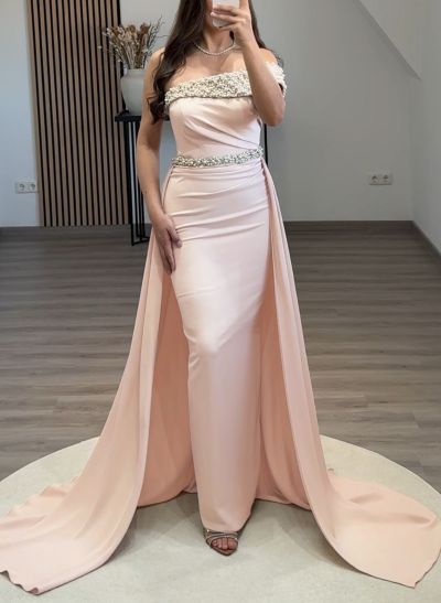 Beading Asymmetrical Neckline Sweep Train Elastic Satin Evening Dresses