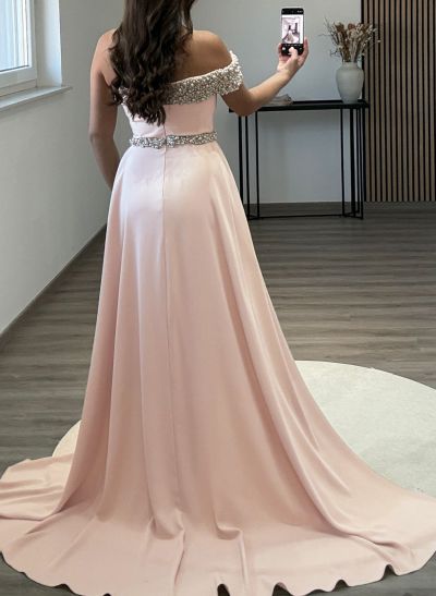 Beading Asymmetrical Neckline Sweep Train Elastic Satin Evening Dresses