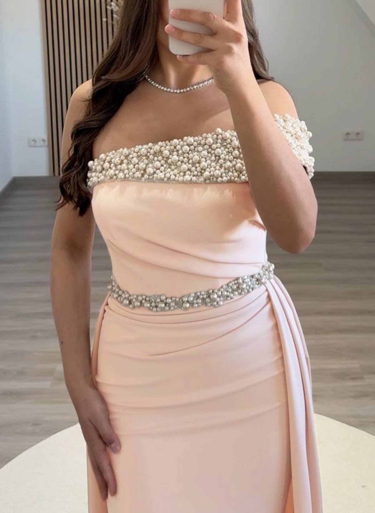 Beading Asymmetrical Neckline Sweep Train Elastic Satin Evening Dresses