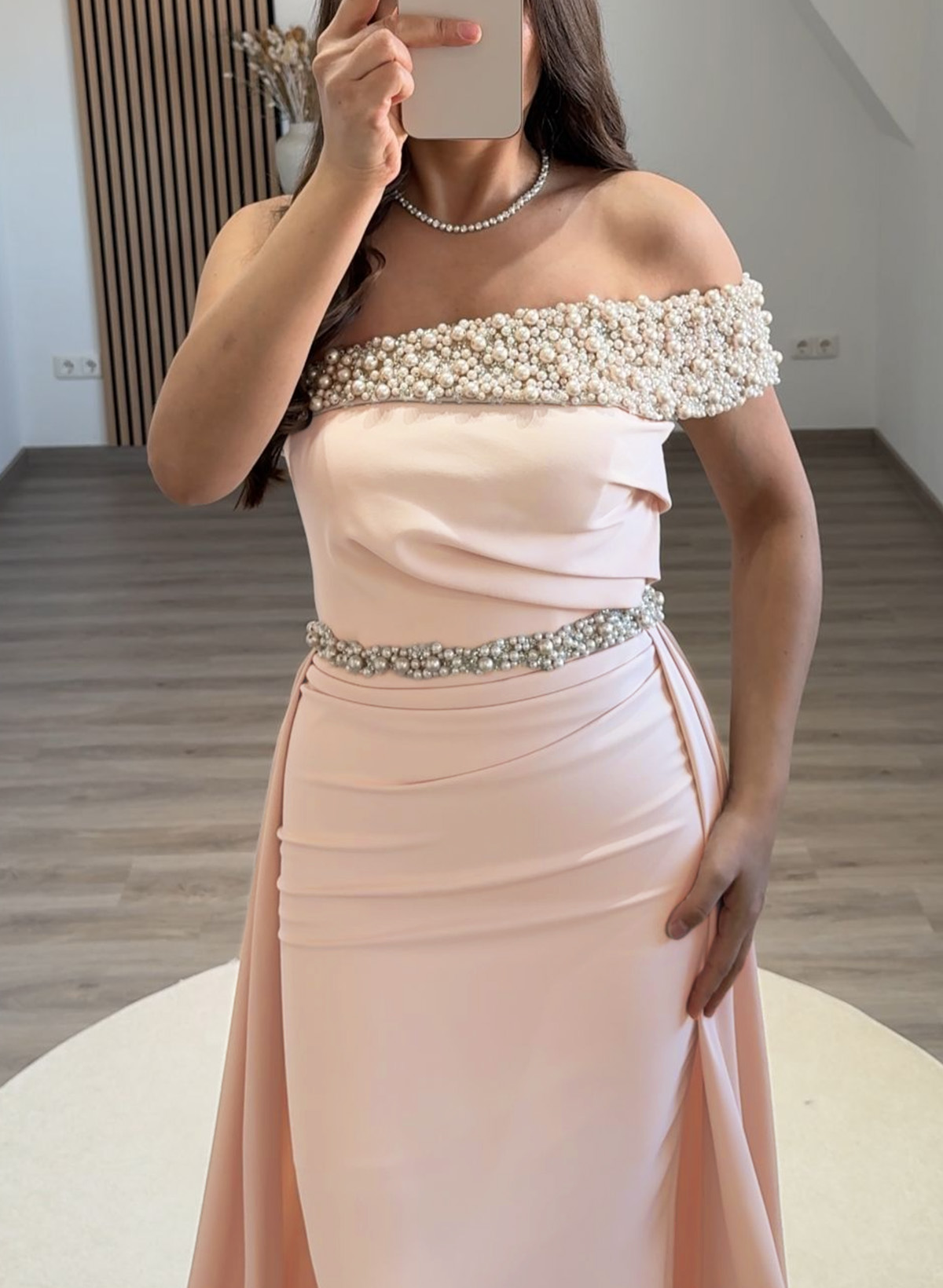 Beading Asymmetrical Neckline Sweep Train Elastic Satin Evening Dresses