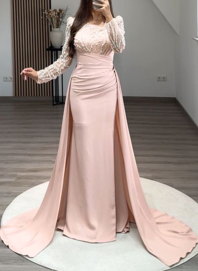 Beading Asymmetrical Neckline Long Sleeves Overskirt Sweep Train Elastic Satin Evening Dresses