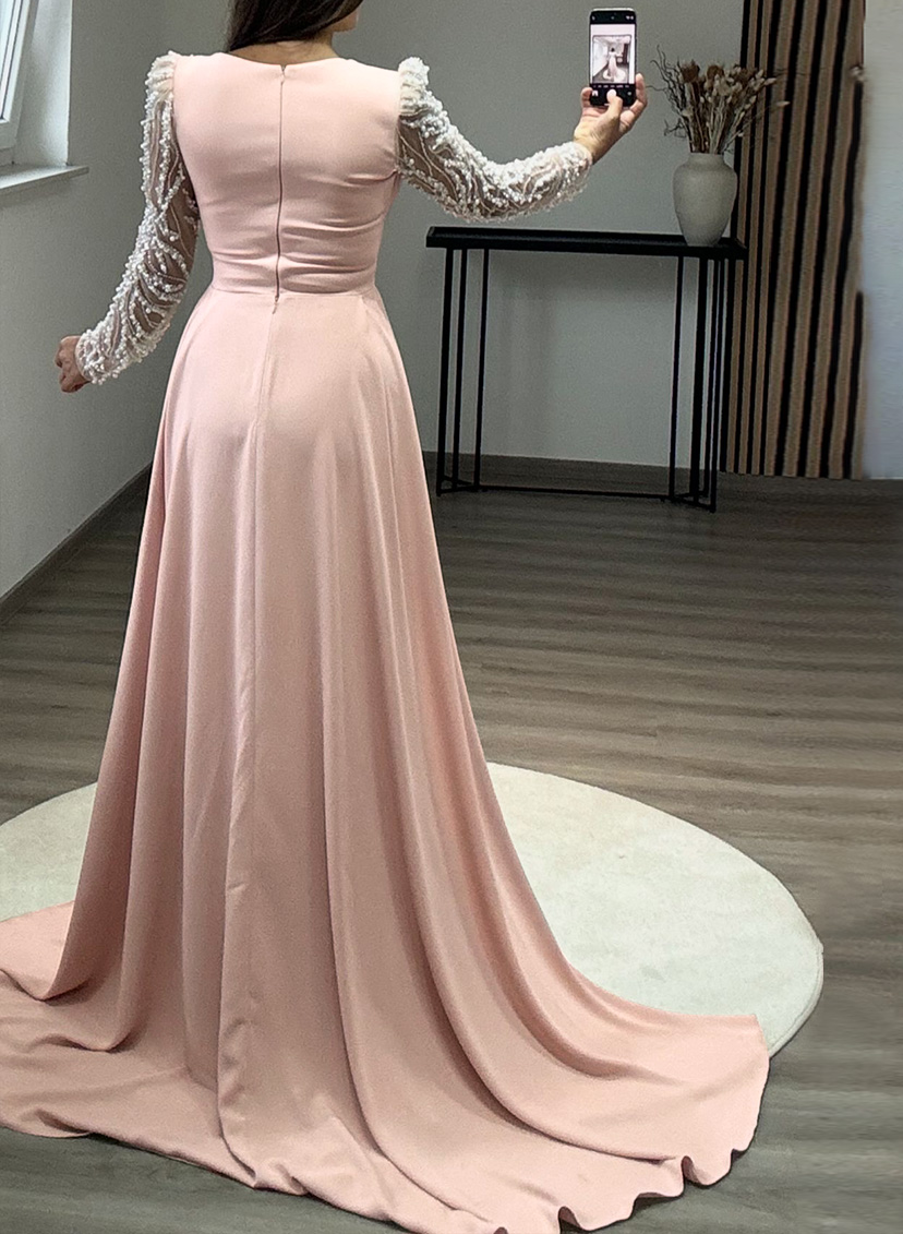 Beading Asymmetrical Neckline Long Sleeves Overskirt Sweep Train Elastic Satin Evening Dresses
