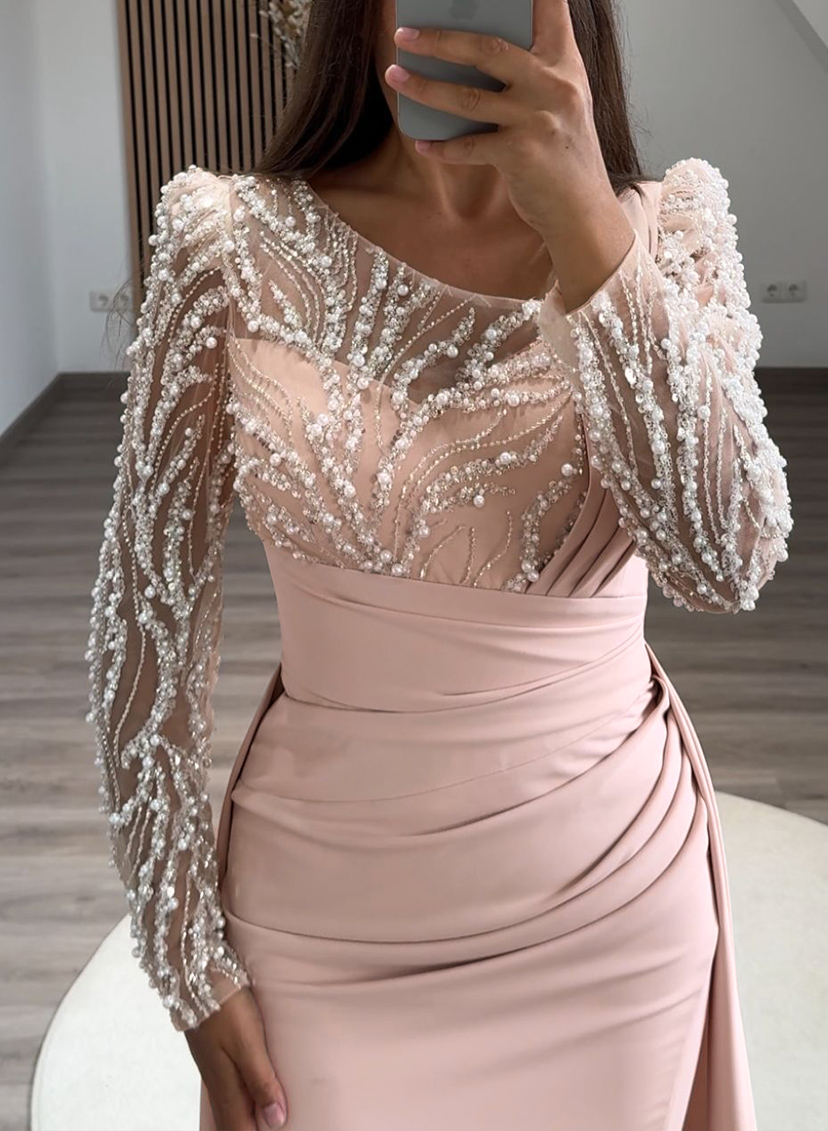 Beading Asymmetrical Neckline Long Sleeves Overskirt Sweep Train Elastic Satin Evening Dresses