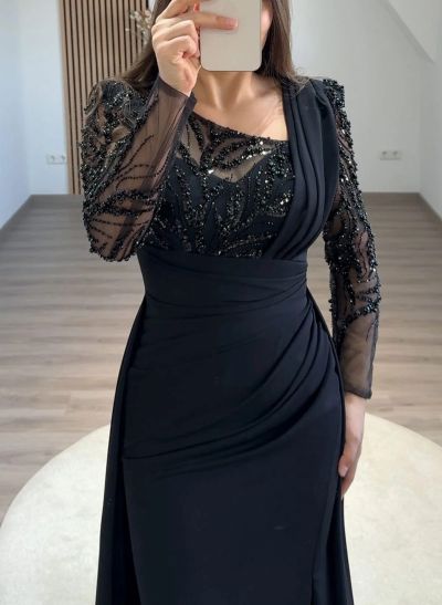 Beading Asymmetrical Neckline Long Sleeves Overskirt Sweep Train Elastic Satin Evening Dresses