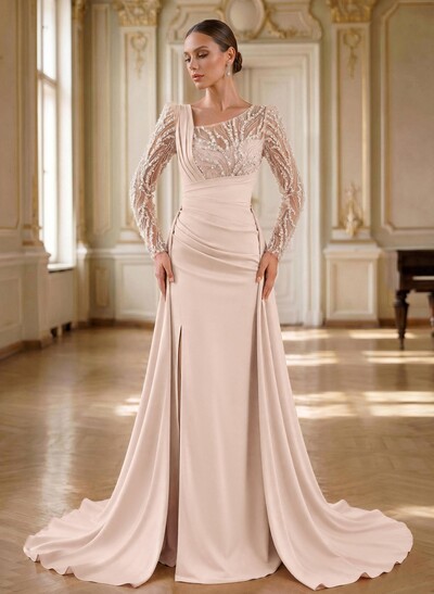 Beading Asymmetrical Neckline Long Sleeves Overskirt Sweep Train Elastic Satin Evening Dresses