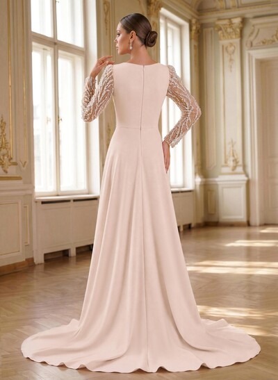 Beading Asymmetrical Neckline Long Sleeves Overskirt Sweep Train Elastic Satin Evening Dresses