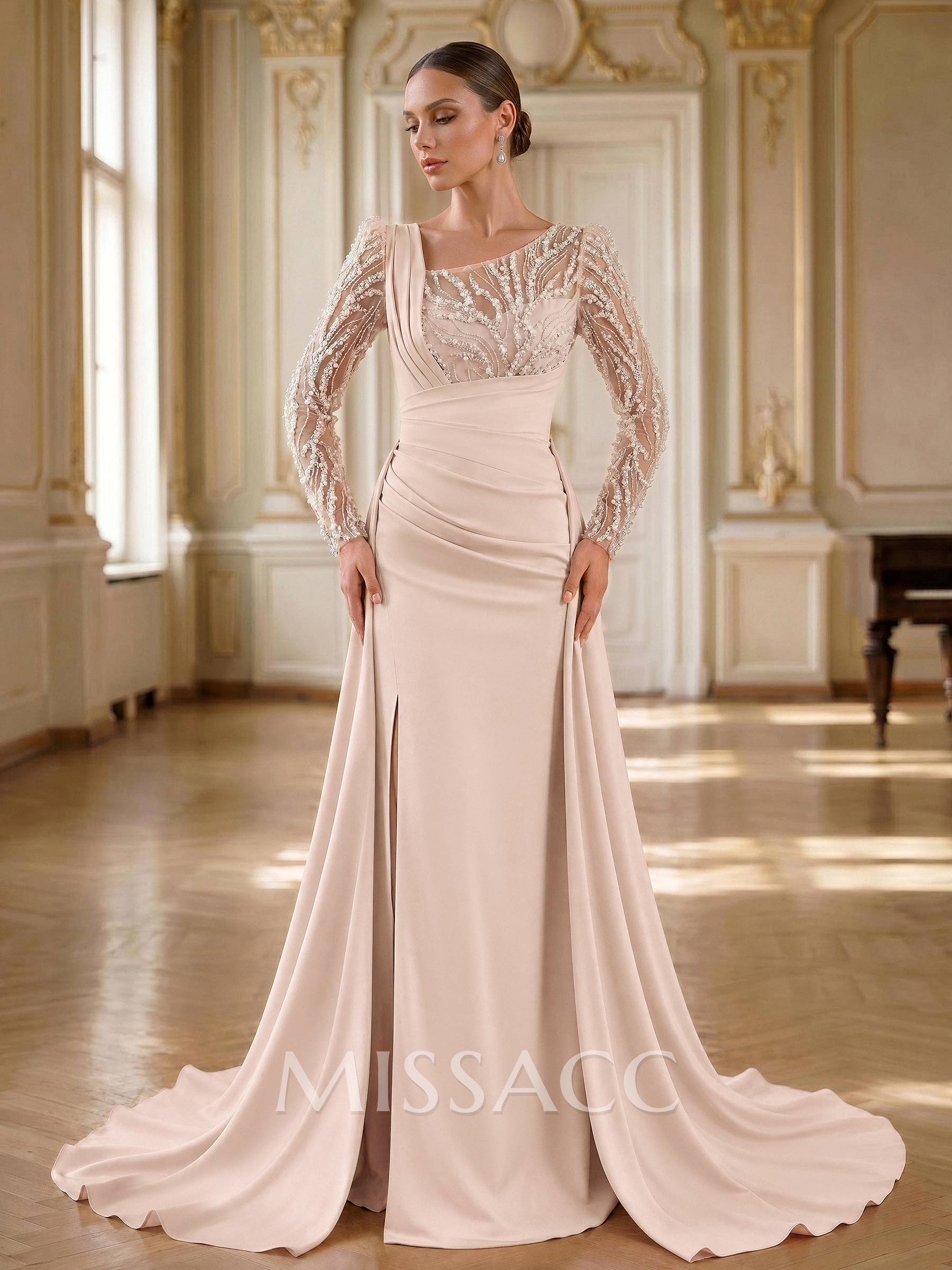 Beading Asymmetrical Neckline Long Sleeves Overskirt Sweep Train Elastic Satin Evening Dresses