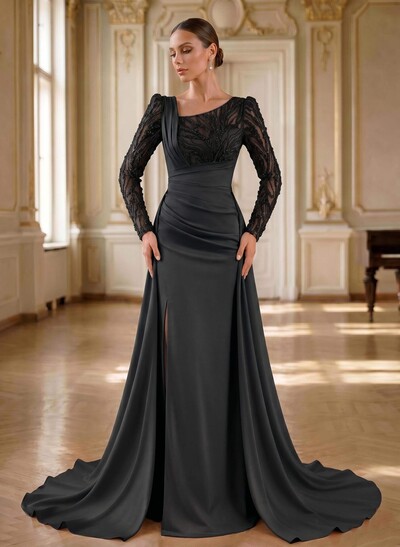 Beading Asymmetrical Neckline Long Sleeves Overskirt Sweep Train Elastic Satin Evening Dresses