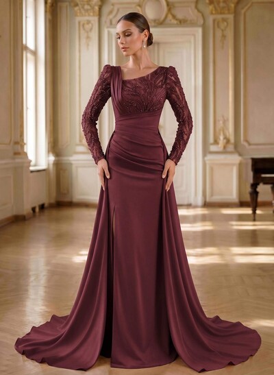 Beading Asymmetrical Neckline Long Sleeves Overskirt Sweep Train Elastic Satin Evening Dresses