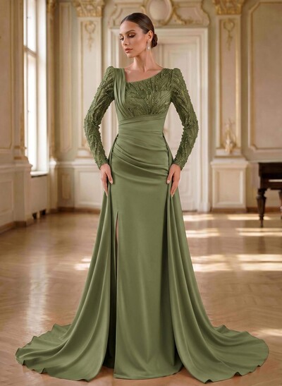 Beading Asymmetrical Neckline Long Sleeves Overskirt Sweep Train Elastic Satin Evening Dresses