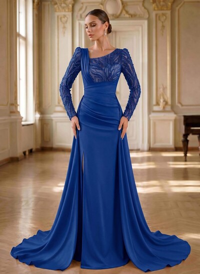 Beading Asymmetrical Neckline Long Sleeves Overskirt Sweep Train Elastic Satin Evening Dresses