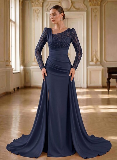 Beading Asymmetrical Neckline Long Sleeves Overskirt Sweep Train Elastic Satin Evening Dresses