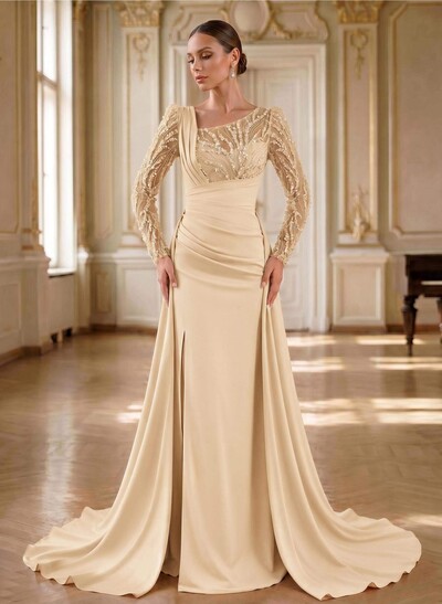 Beading Asymmetrical Neckline Long Sleeves Overskirt Sweep Train Elastic Satin Evening Dresses