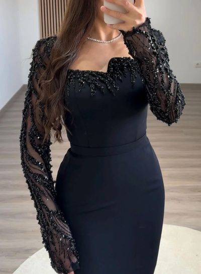 Asymmetrical Neckline Beading Long Sleeves Back Slit Floor-Length Elastic Satin Evening Dresses