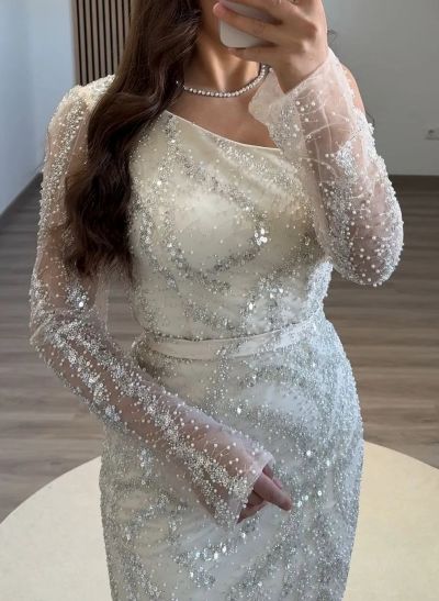Sparkle & Shine Asymmetrical Neckline Long Sleeves Elastic Satin/Sequined Evening Dresses