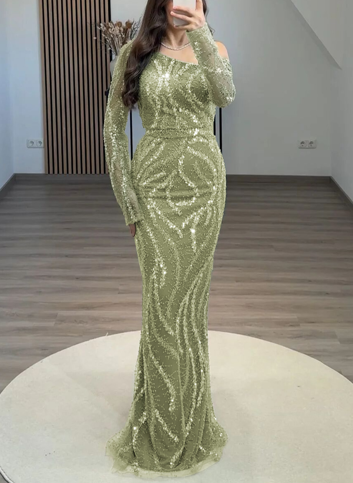 Sparkle & Shine Asymmetrical Neckline Long Sleeves Elastic Satin/Sequined Evening Dresses