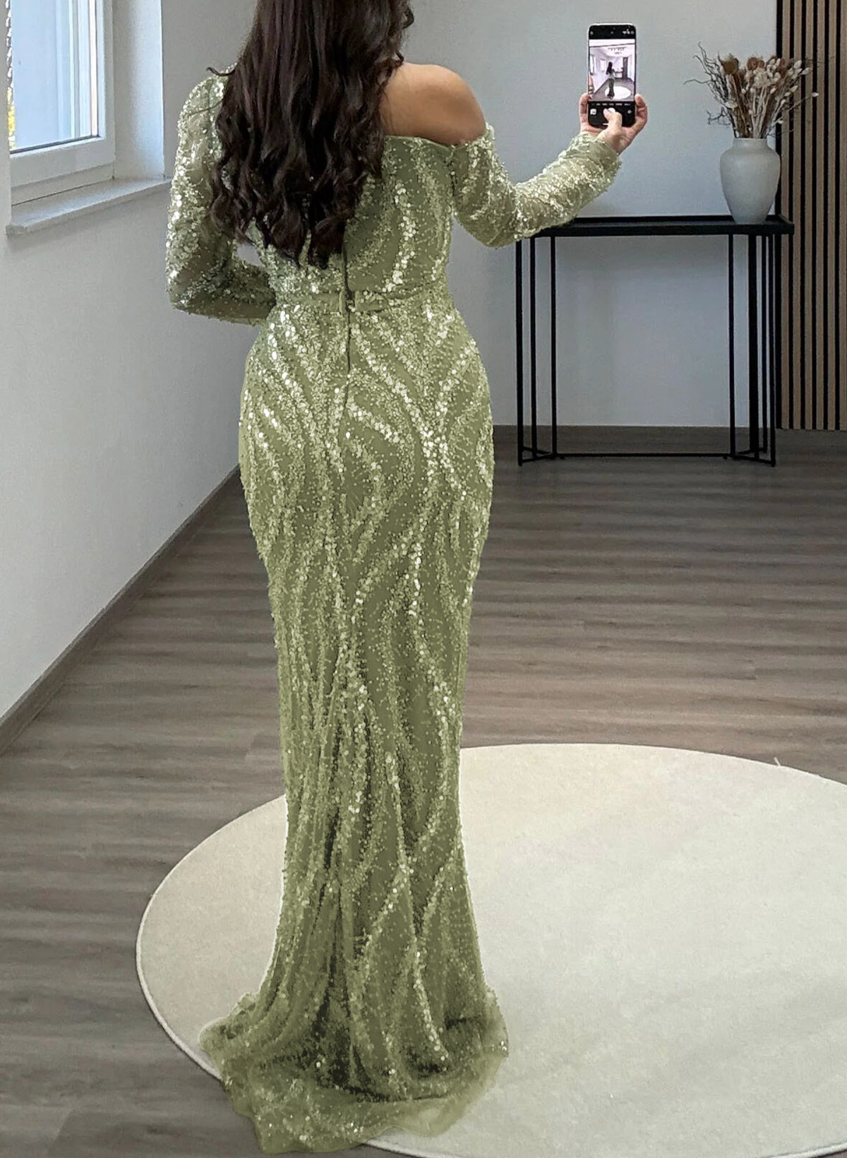 Sparkle & Shine Asymmetrical Neckline Long Sleeves Elastic Satin/Sequined Evening Dresses