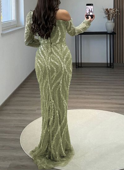 Sparkle & Shine Asymmetrical Neckline Long Sleeves Elastic Satin/Sequined Evening Dresses