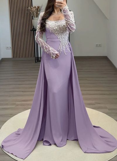 Elegant Square Neckline Beading Long Sleeves Sweep Train Elastic Satin Evening Dresses