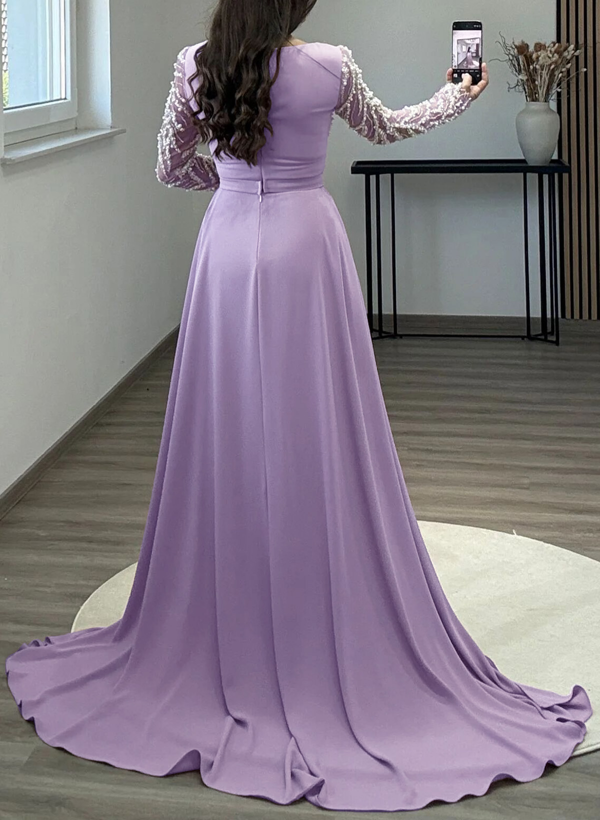Elegant Square Neckline Beading Long Sleeves Sweep Train Elastic Satin Evening Dresses
