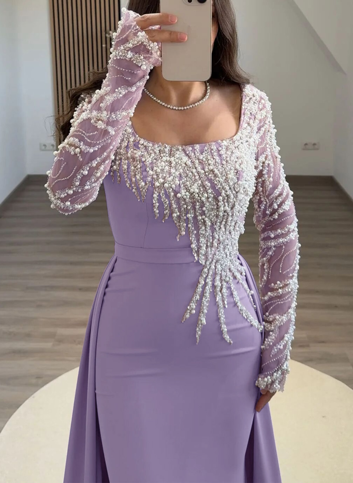 Elegant Square Neckline Beading Long Sleeves Sweep Train Elastic Satin Evening Dresses