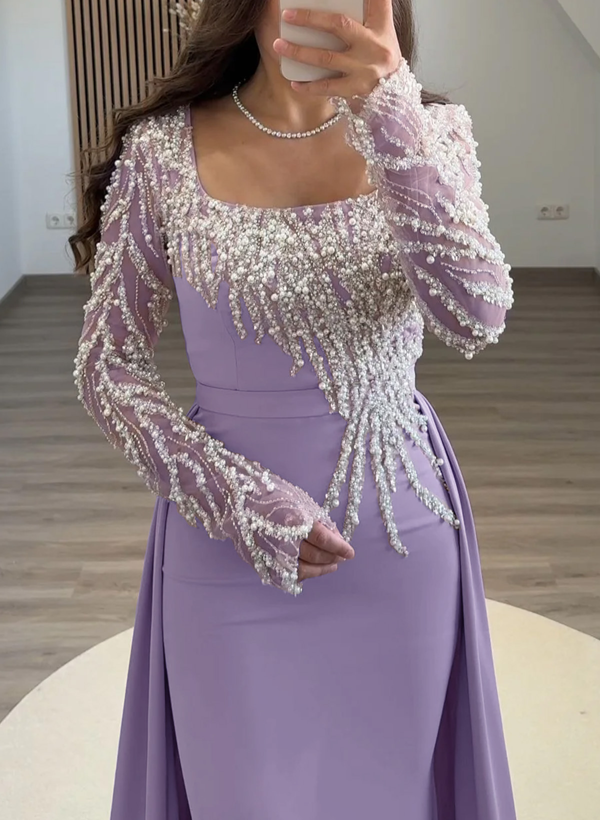 Elegant Square Neckline Beading Long Sleeves Sweep Train Elastic Satin Evening Dresses