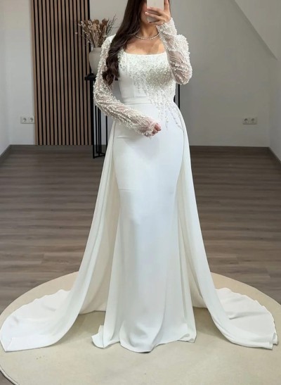 Elegant Square Neckline Beading Long Sleeves Sweep Train Elastic Satin Evening Dresses