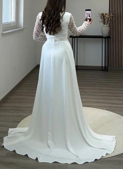 Elegant Square Neckline Beading Long Sleeves Sweep Train Elastic Satin Evening Dresses