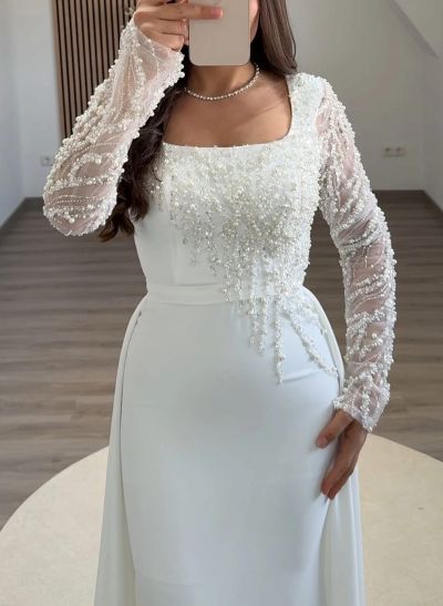 Elegant Square Neckline Beading Long Sleeves Sweep Train Elastic Satin Evening Dresses