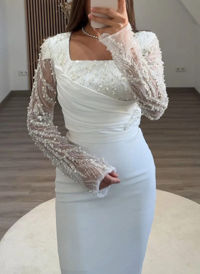 Square Neckline Beading Long Sleeves Ankle-Length Elastic Satin Evening Dresses