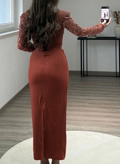 Square Neckline Beading Long Sleeves Ankle-Length Elastic Satin Evening Dresses