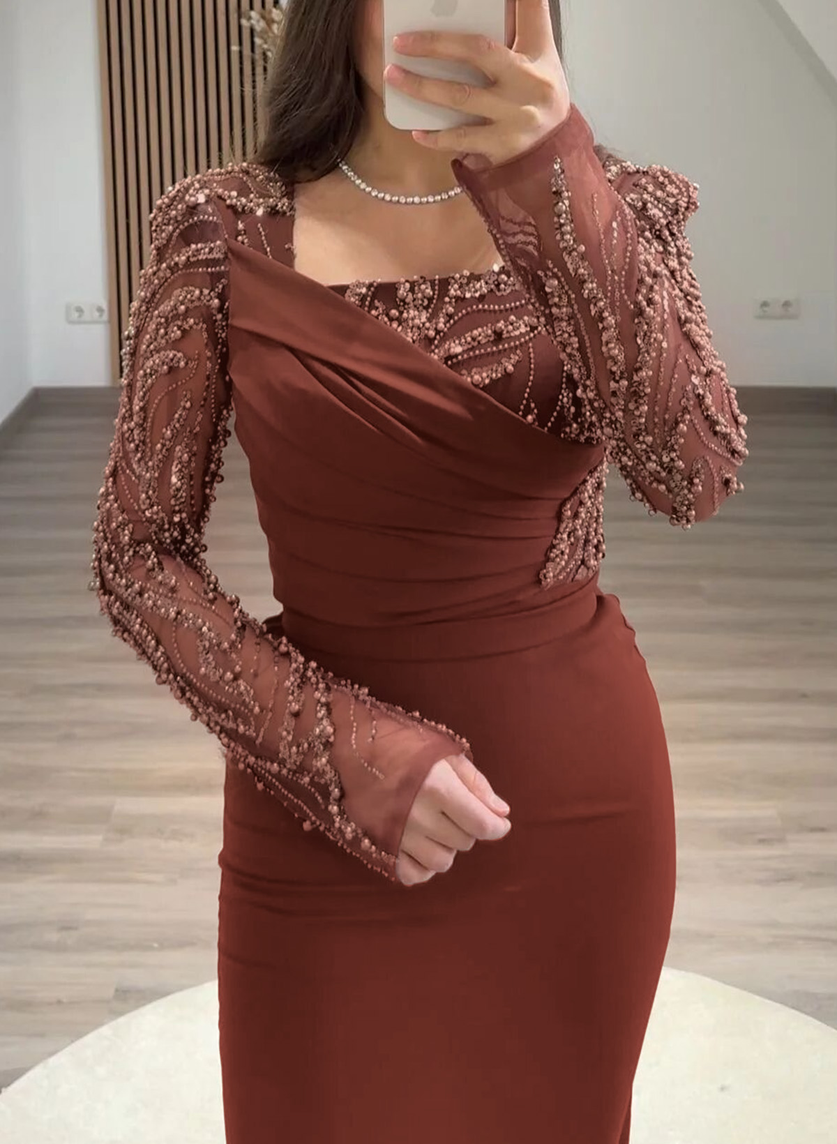 Square Neckline Beading Long Sleeves Ankle-Length Elastic Satin Evening Dresses