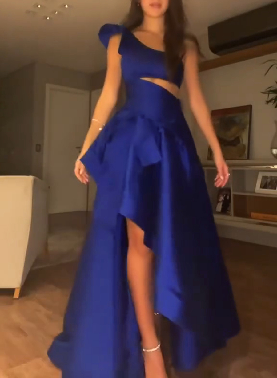 Ruffle One-Shoulder A-Line Asymmetrical Length Matte Satin Evening Dresses