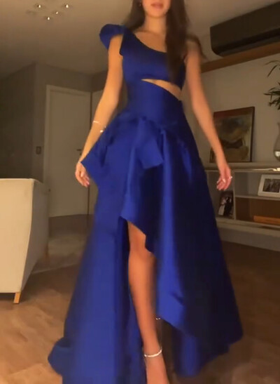 Ruffle One-Shoulder A-Line Asymmetrical Length Matte Satin Evening Dresses