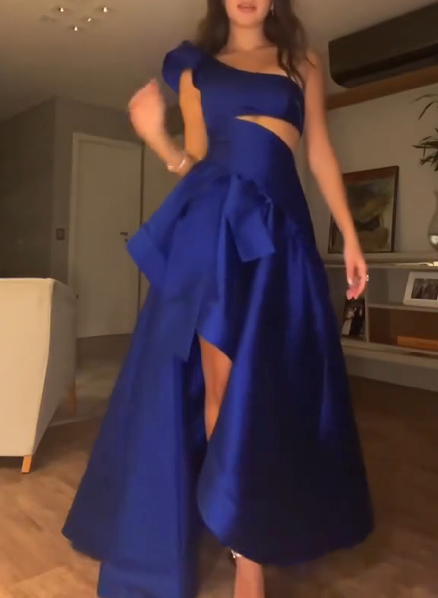 Ruffle One-Shoulder A-Line Asymmetrical Length Matte Satin Evening Dresses