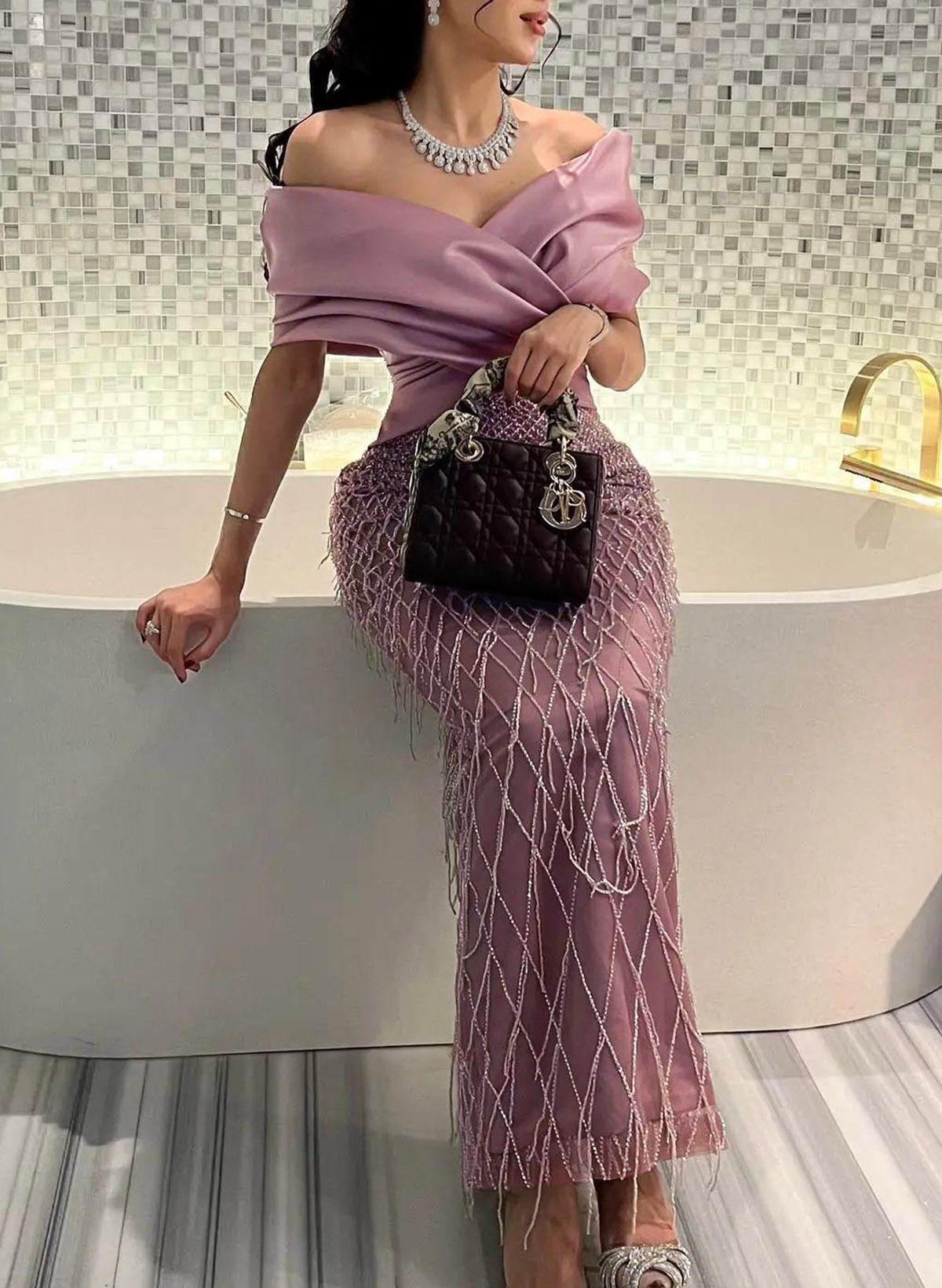 Sparkle & Shine Off-The-Shoulder Ankle-Length Matte Satin Evening Dresses With Beading