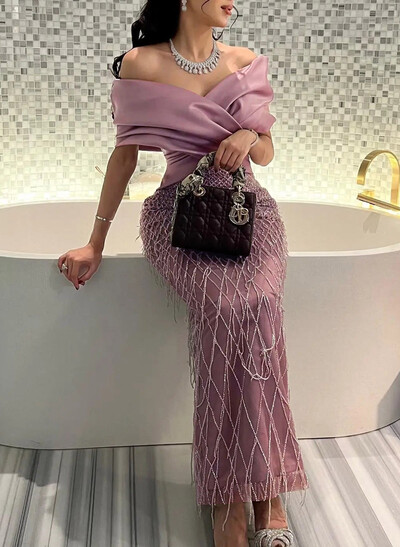 Sparkle & Shine Off-The-Shoulder Ankle-Length Matte Satin Evening Dresses With Beading