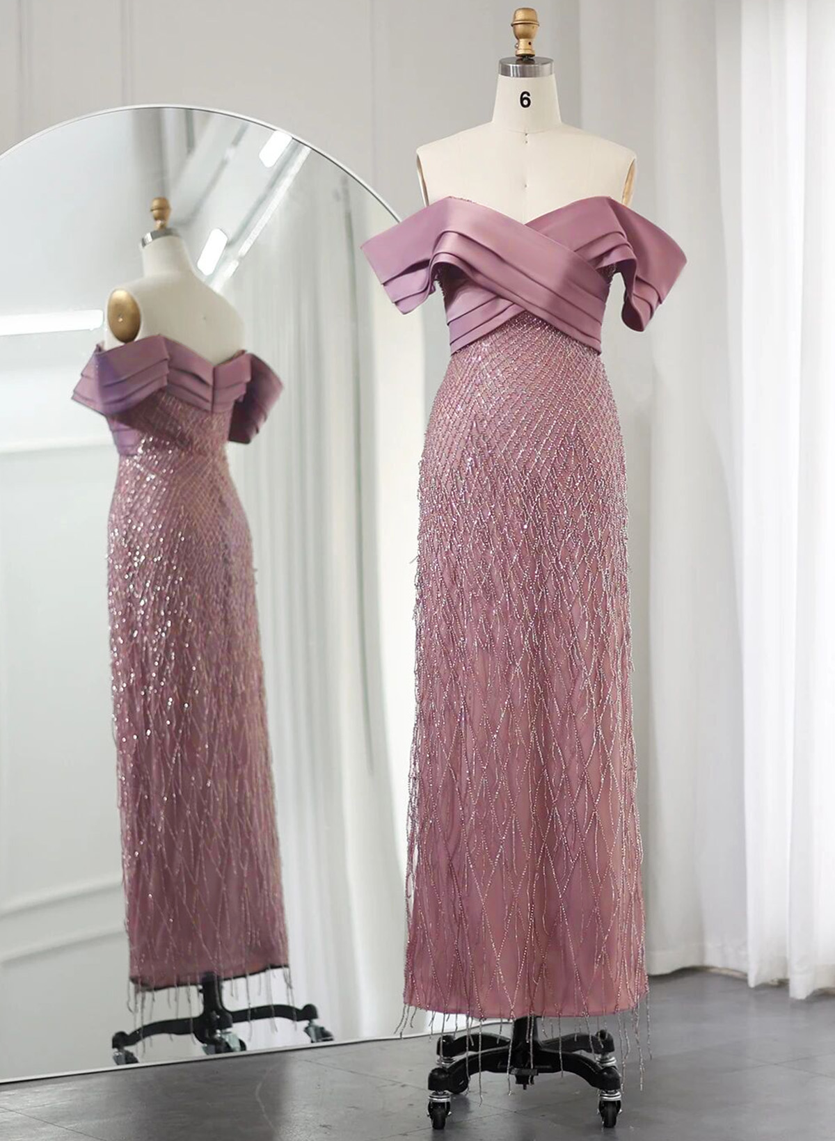 Sparkle & Shine Off-The-Shoulder Ankle-Length Matte Satin Evening Dresses With Beading