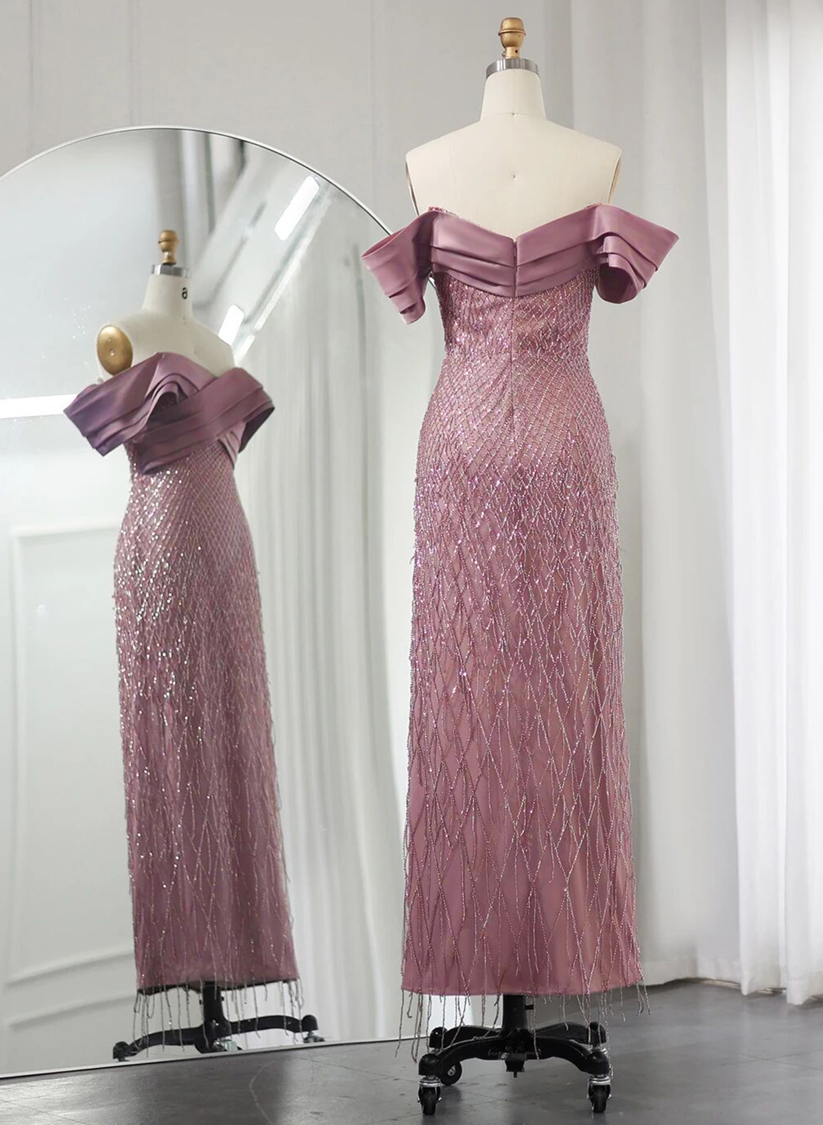 Sparkle & Shine Off-The-Shoulder Ankle-Length Matte Satin Evening Dresses With Beading