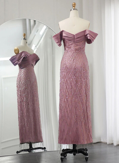 Sparkle & Shine Off-The-Shoulder Ankle-Length Matte Satin Evening Dresses With Beading