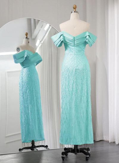 Sparkle & Shine Off-The-Shoulder Ankle-Length Matte Satin Evening Dresses With Beading
