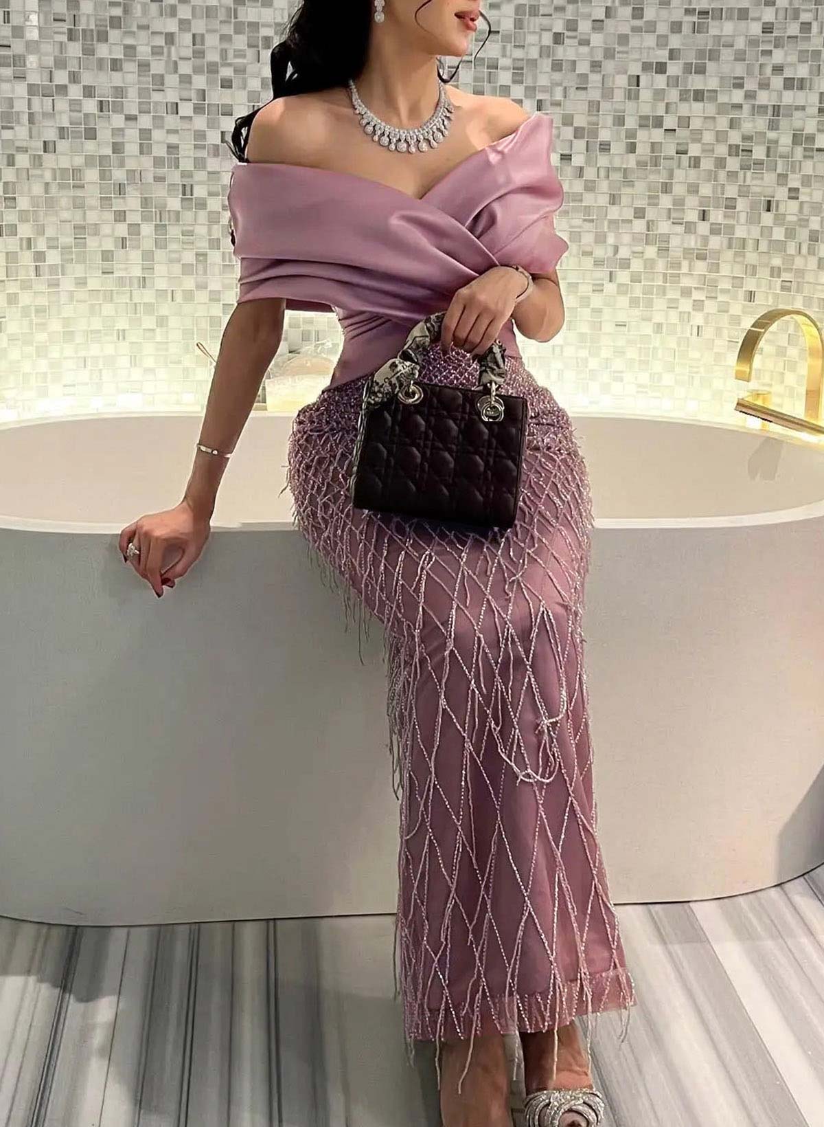 Sparkle & Shine Off-The-Shoulder Ankle-Length Matte Satin Evening Dresses With Beading