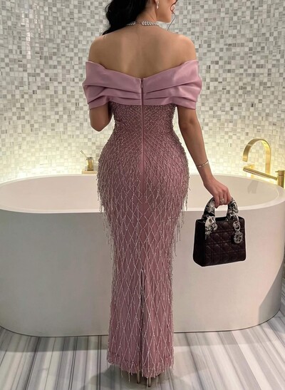 Sparkle & Shine Off-The-Shoulder Ankle-Length Matte Satin Evening Dresses With Beading