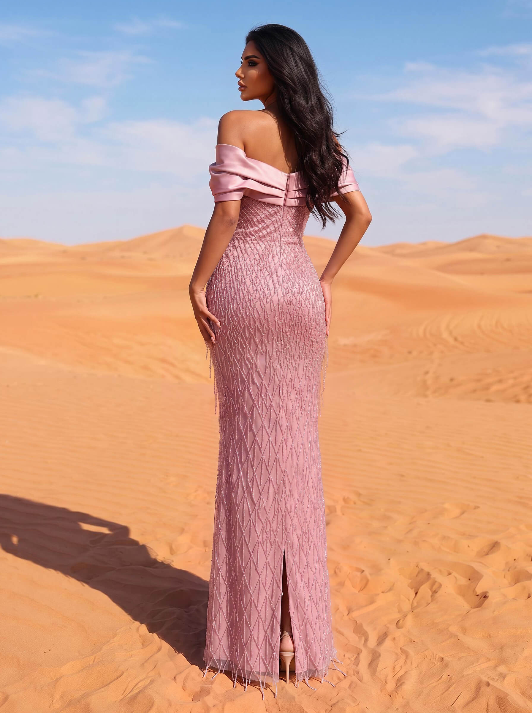 Sparkle & Shine Off-The-Shoulder Ankle-Length Matte Satin Evening Dresses With Beading