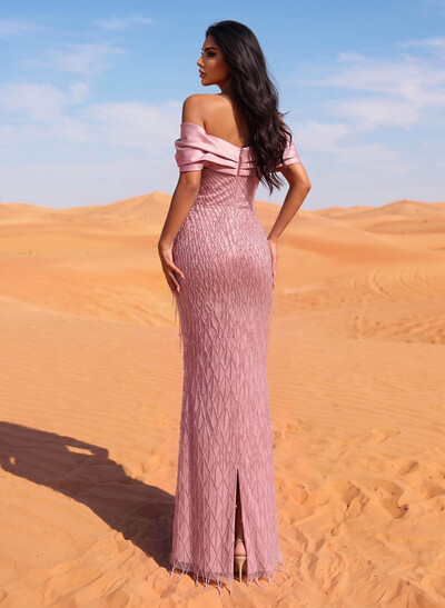 Sparkle & Shine Off-The-Shoulder Ankle-Length Matte Satin Evening Dresses With Beading