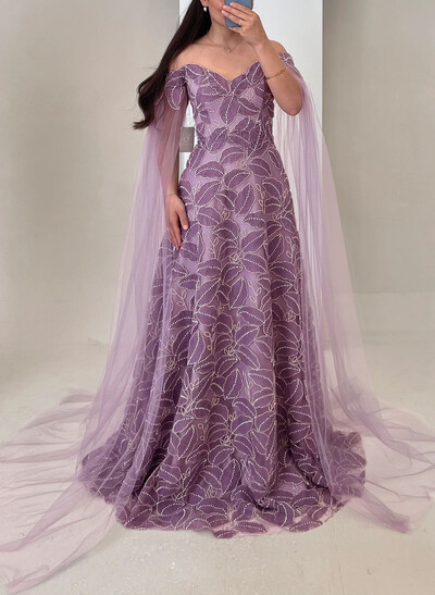 Luxury A-Line Off-The-Shoulder Chiffon Evening Dresses With Beading/Lace