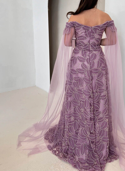 Luxury A-Line Off-The-Shoulder Chiffon Evening Dresses With Beading/Lace