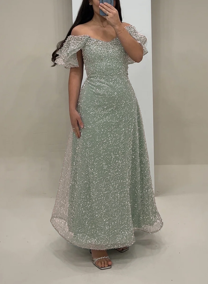 A-Line Off-The-Shoulder Elastic Satin Evening Dresses With Beading/Shoulder Ruffle